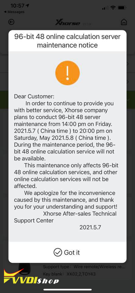 VVDI ID48 96Bit Online Calculation Server Maintenance Notice